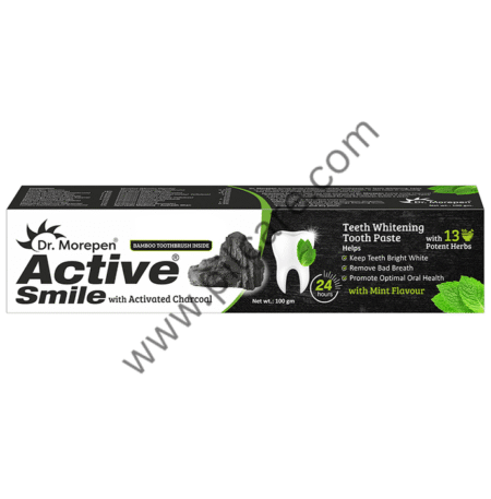 Dr. Morepen Active Smile Charcoal Teeth Whitening Toothpaste Mint Bamboo Toothbrush Inside
