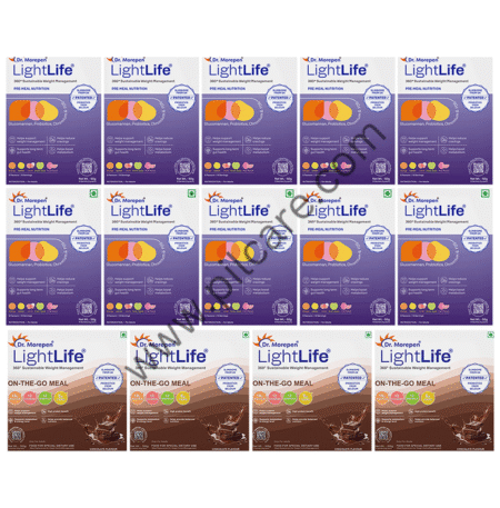 Dr. Morepen Combo Pack of Light Life Pre-Meal Nutrition 100 Sachet (5gm Each) Assorted Flavour & Light Life On-The-Go Meal 20 Sachet (60gm Each) Chocolate Flavour