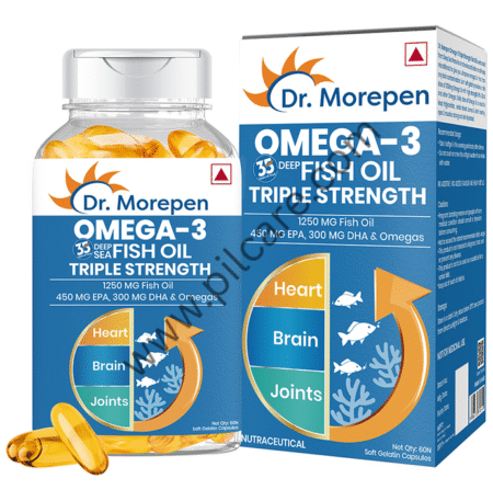 Dr. Morepen Triple Strength Omega 3 Fish Oil 1250mg Softgel with Vitamin E | For Heart & Brain Function | Bone, Joint & Muscle Care