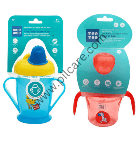 Mee Mee Combo Pack of Easy Grip Sipper Cup with Twin Handle,Blue Color (180ml) & 2 in 1 Spout and Straw Sipper Cup,Red Color (150ml)