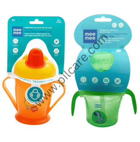 Mee Mee Combo Pack of Easy Grip Sipper Cup with Twin Handle,Orange Color (180ml) & 2 in 1 Spout and Straw Sipper Cup, Green Color (150ml)