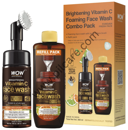 WOW Skin Science Combo Pack of Brightening Vitamin C Foaming Face Wash 150ml with Refill Pack 200ml with Built-In Face Brush