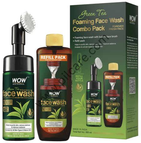 WOW Skin Science Combo Pack of Green Tea Foaming Face Wash 150ml with Refill Pack 200ml with Built-In Face Brush