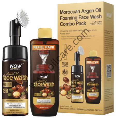 WOW Skin Science Combo Pack of Moroccan Argan Oil Foaming Face Wash 150ml with Refill Pack 200ml with Built-In Face Brush