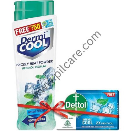 Dermicool Prickly Heat Powder Menthol Regular with Dettol Intense Cool Soap 125gm Free