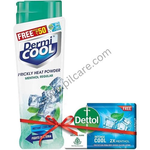 Dermicool Prickly Heat Powder Menthol Regular with Dettol Intense Cool Soap 125gm Free